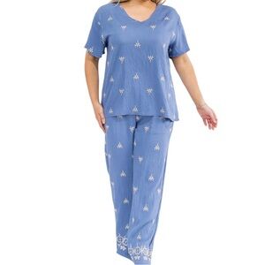 Women's Blue Embroidered Relaxed Pants Set